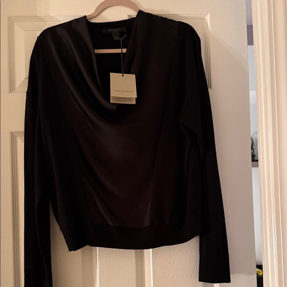 AllSaints Black Satin Cowl Neck Top with Tag